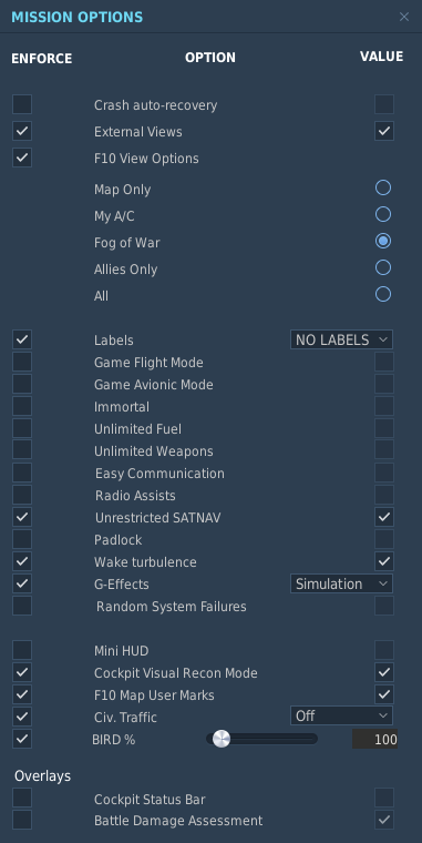 Mission Options Reference